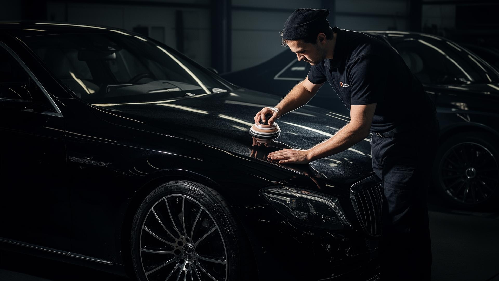Professional detailer polishing a luxury car